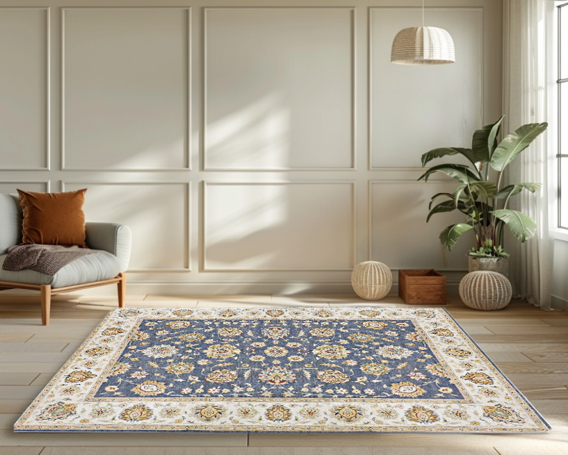 royal blue & ivory premium handwoven pure wool ziegler chobi rug, 5ft 7in x 7ft 9in