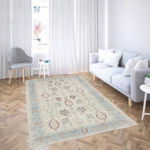 ivory & sky blue premium handwoven pure wool chobrang rug, 5ft 10in x 9ft 0in