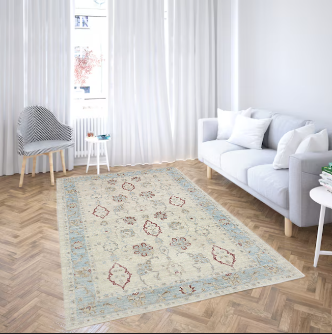 ivory & sky blue premium handwoven pure wool chobrang rug, 5ft 10in x 9ft 0in