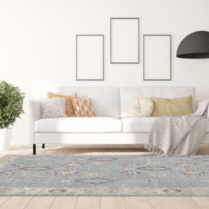 sky blue & ivory premium handwoven pure wool chobrang rug, 5ft 9in x 9ft 5in