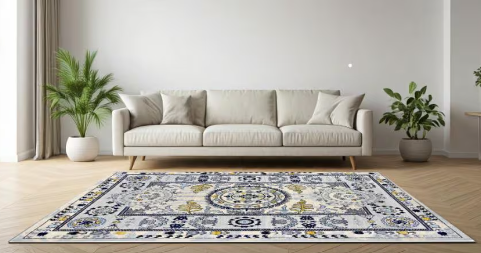 ivory & silver premium handwoven pure wool suzane rug, 5ft 6in x 7ft 11in