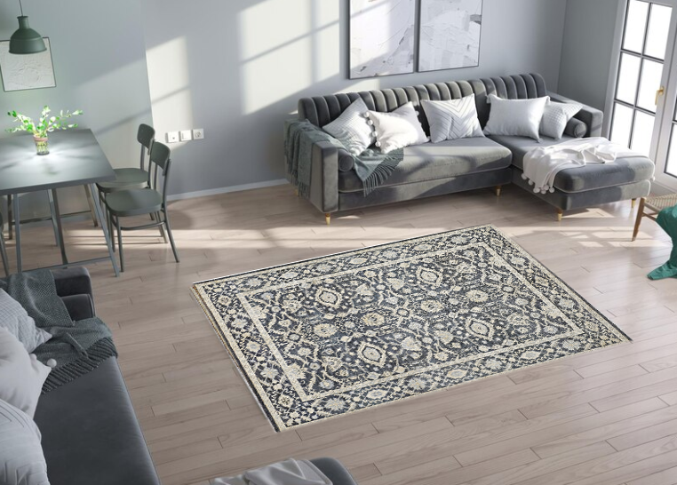 charcoal & ivory premium handwoven pure wool chobrang rug, 5ft 9in x 8ft 2in