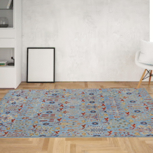 blue & ivory premium handwoven pure wool chobrang rug, 9ft 3in x 12ft 2in