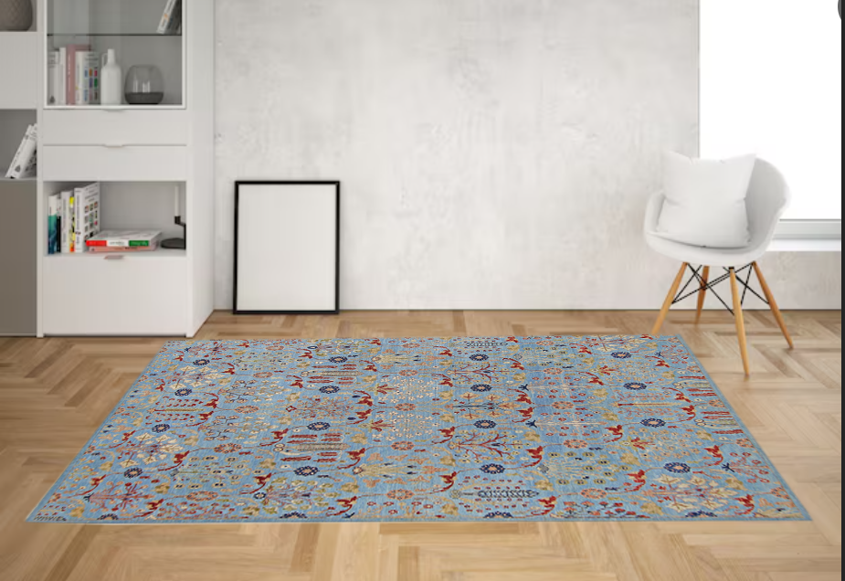 blue & ivory premium handwoven pure wool chobrang rug, 9ft 3in x 12ft 2in