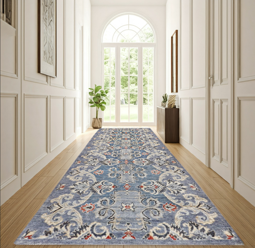 grey & ivory premium handwoven pure wool chobrang rug, 3ft 0in x 7ft 9in