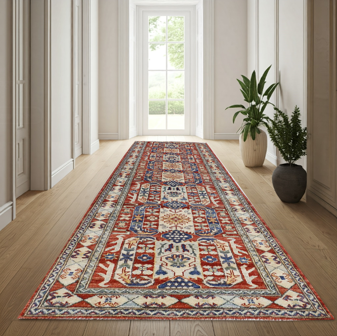 red & ivory premium handwoven pure wool chobrang rug, 2ft 8in x 9ft 11in