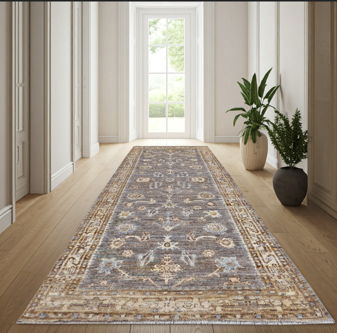 brown & ivory premium handwoven pure wool chobrang rug, 2ft 8in x 8ft 0in