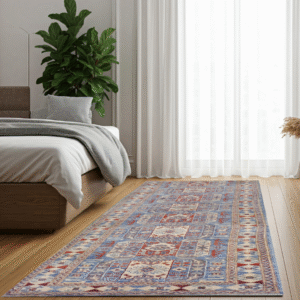 sky blue & ivory premium handwoven pure wool chobrang rug, 2ft 6in x 9ft 9in