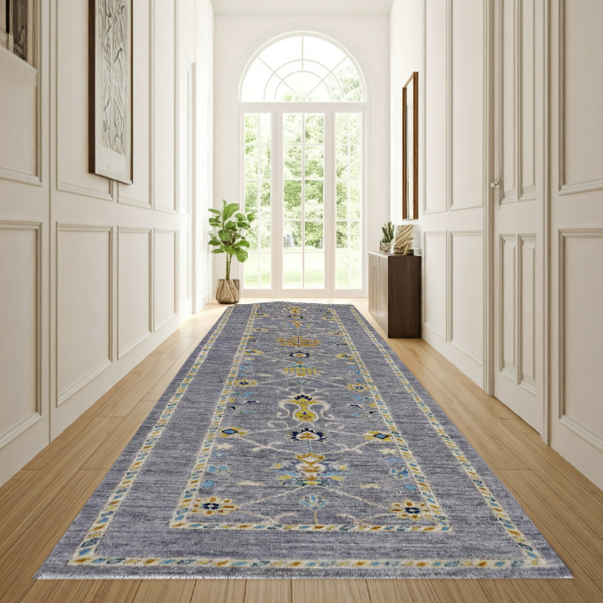 grey & yellow premium handwoven pure wool chobrang rug, 2ft 8in x 9ft 4in