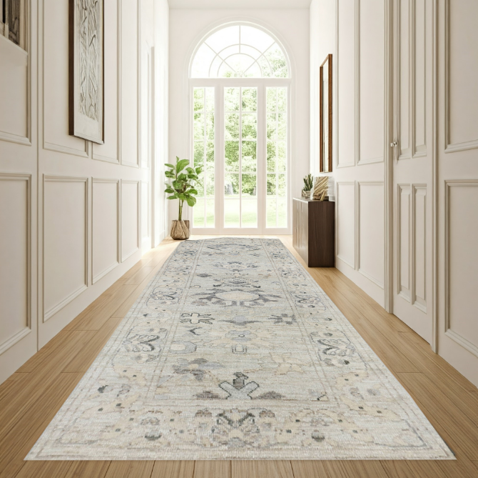 ivory & grey premium handwoven pure wool chobrang rug, 3ft 1in x 9ft 4in