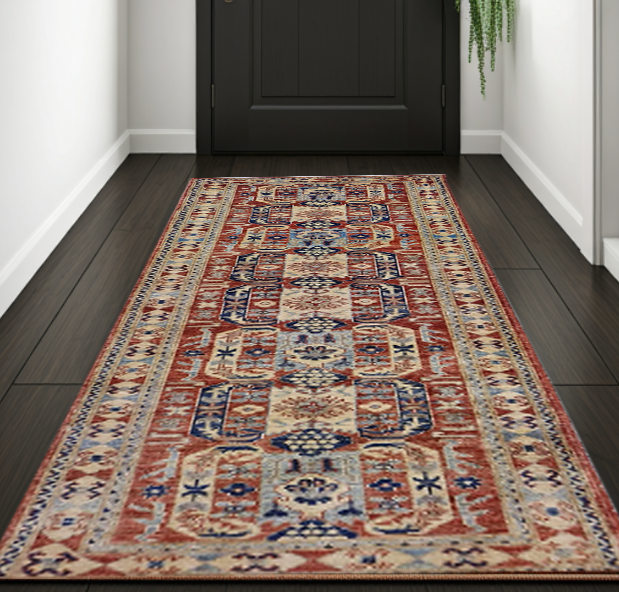 ivory & rust premium handwoven pure wool chobrang rug, 2ft 8in x 9ft 9in