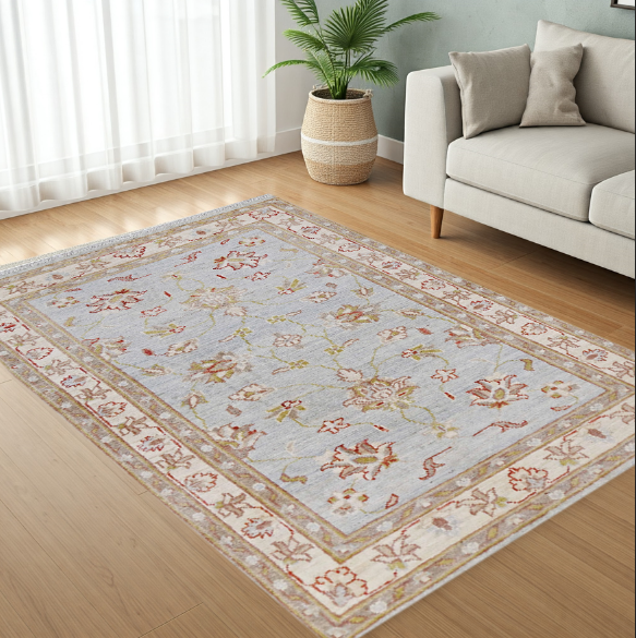 blue & ivory premium handwoven pure wool chobrang rug, 3ft 3in x 4ft 9in