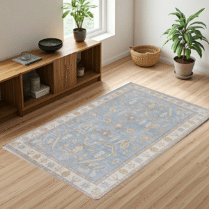 blue & ivory premium handwoven pure wool angora oushak rug, 2ft 11in x 5ft 0in