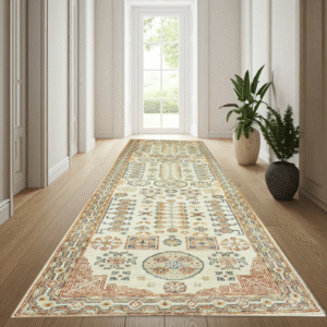 ivory & rust premium handwoven pure wool chobrang rug, 2ft 9in x 9ft 7in