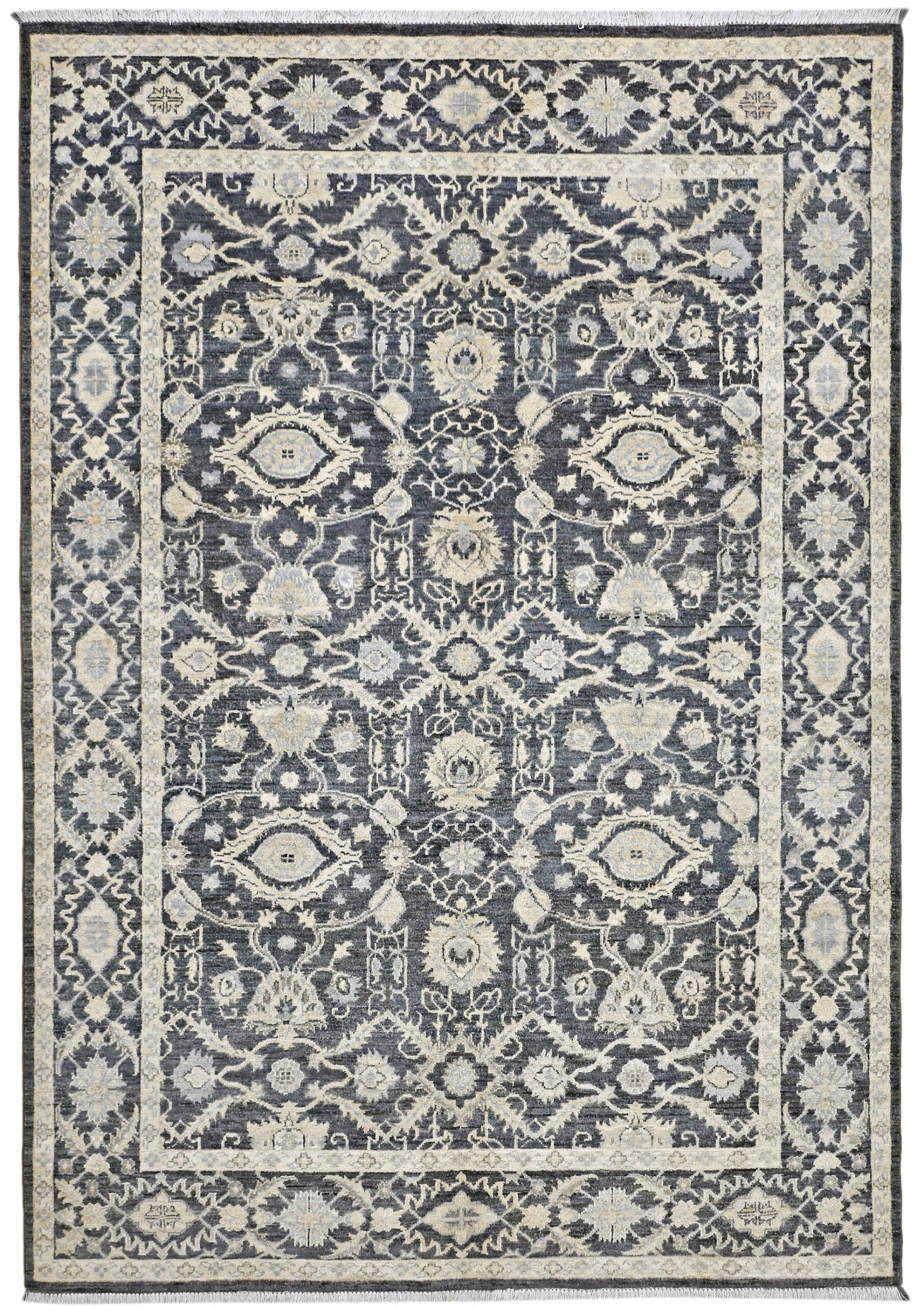 charcoal & ivory premium handwoven pure wool chobrang rug, 5ft 9in x 8ft 2in