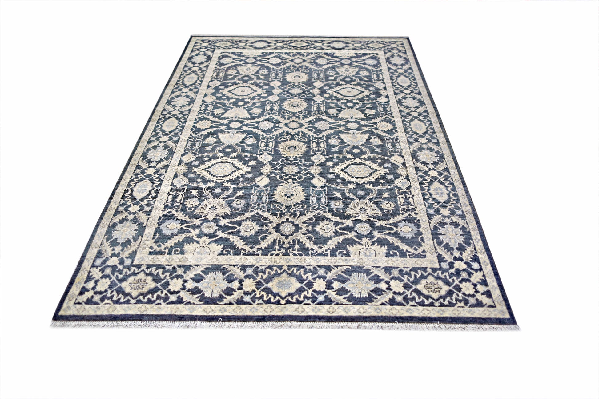 charcoal & ivory premium handwoven pure wool chobrang rug, 5ft 9in x 8ft 2in