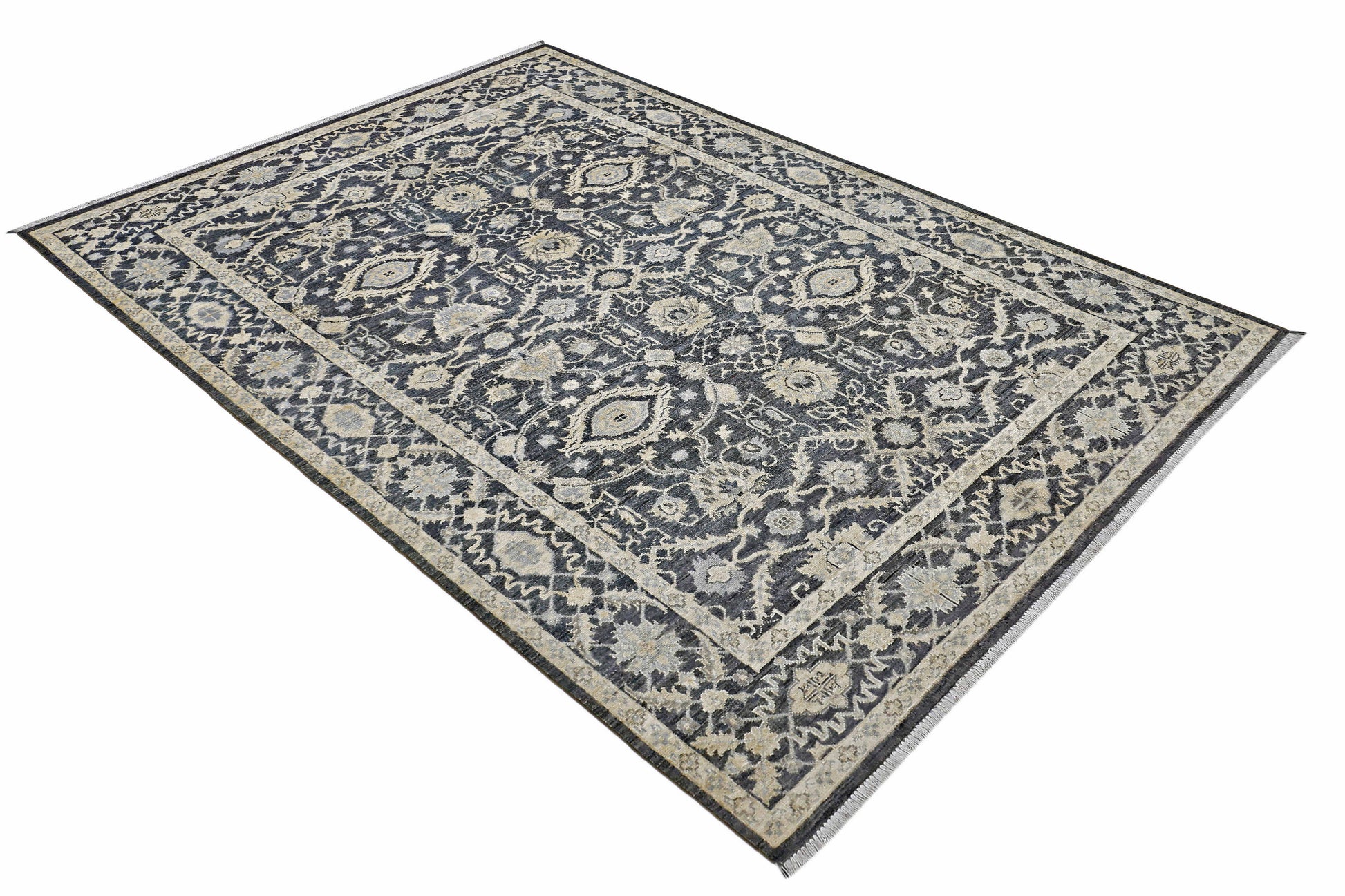 charcoal & ivory premium handwoven pure wool chobrang rug, 5ft 9in x 8ft 2in