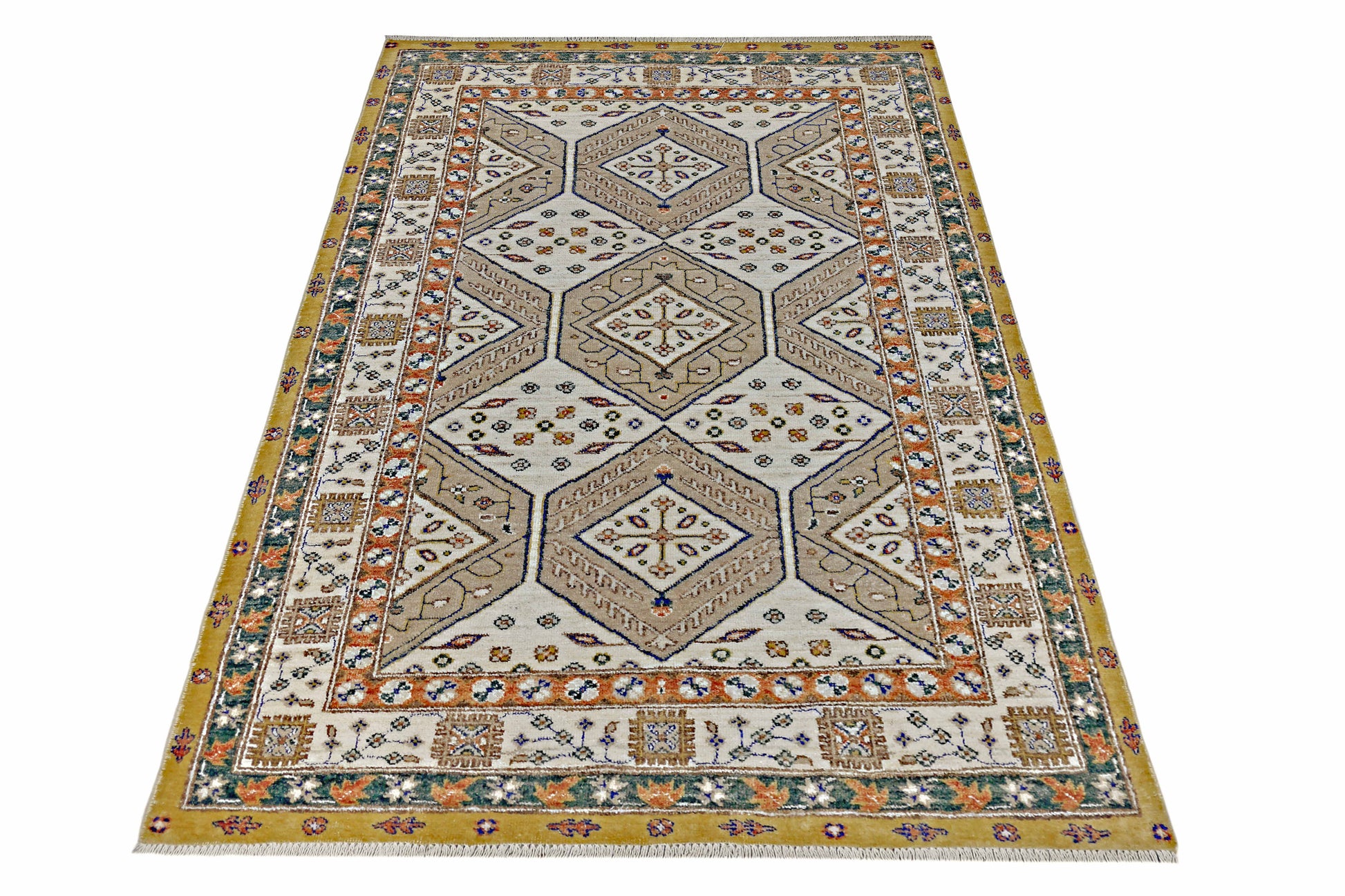 gold & ivory premium handwoven pure wool bakhtiyari rug, 4ft 0in x 6ft 0in