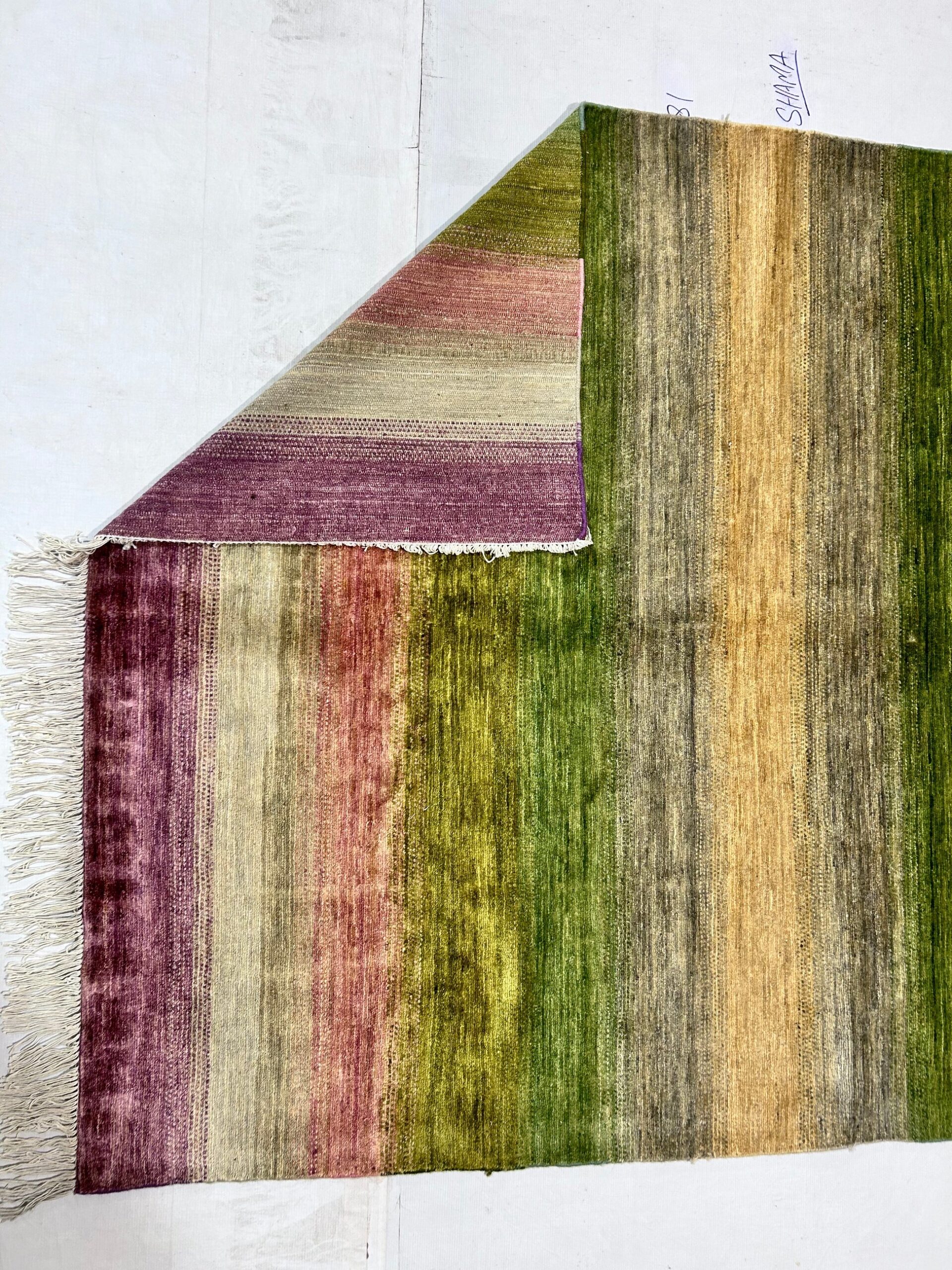 green & beige premium handwoven pure wool gaba rug, 5ft 2in x 6ft 6in