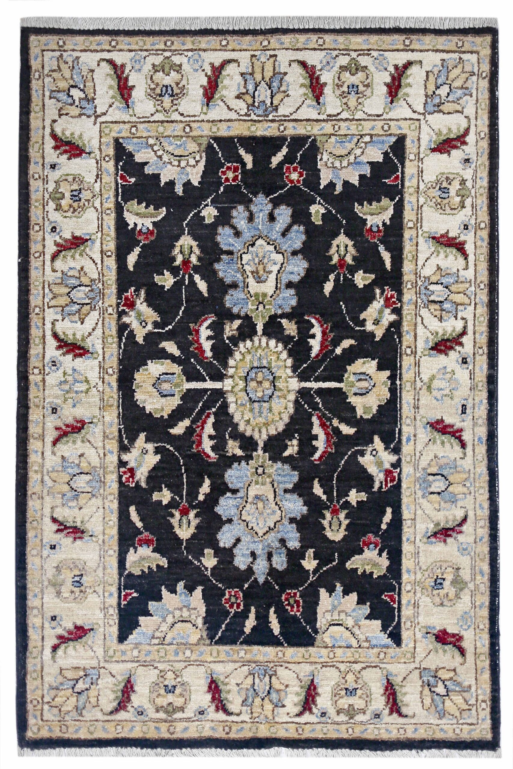 black & ivory premium handwoven pure wool chobrang rug, 2ft 10in x 4ft 0in