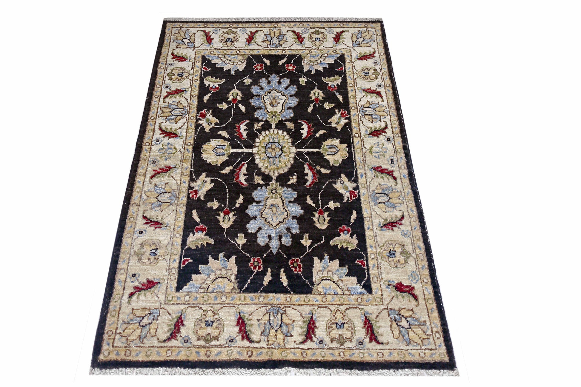 black & ivory premium handwoven pure wool chobrang rug, 2ft 10in x 4ft 0in