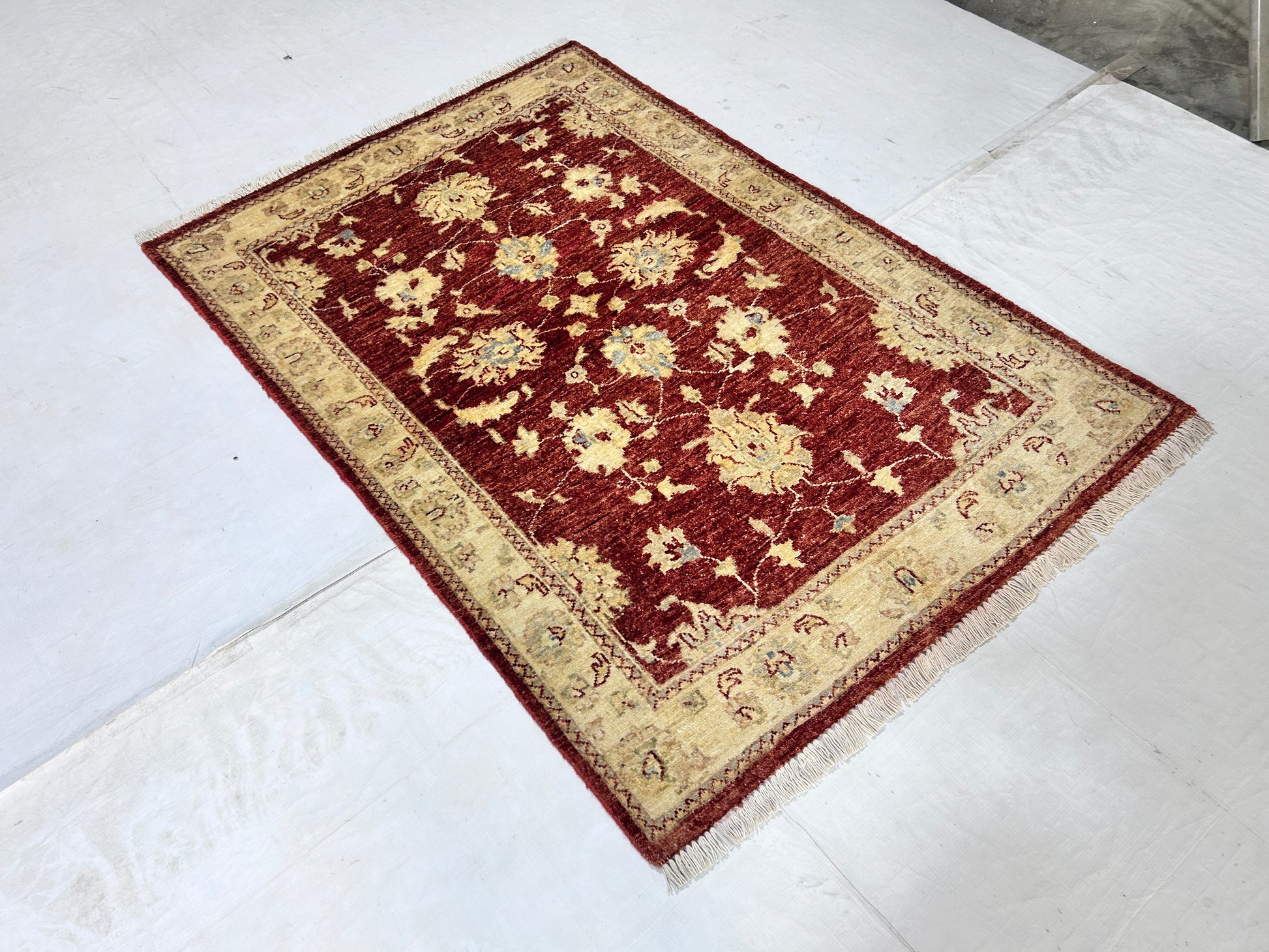 red & cream premium handwoven pure wool chobrang rug, 3ft 4in x 4ft 9in