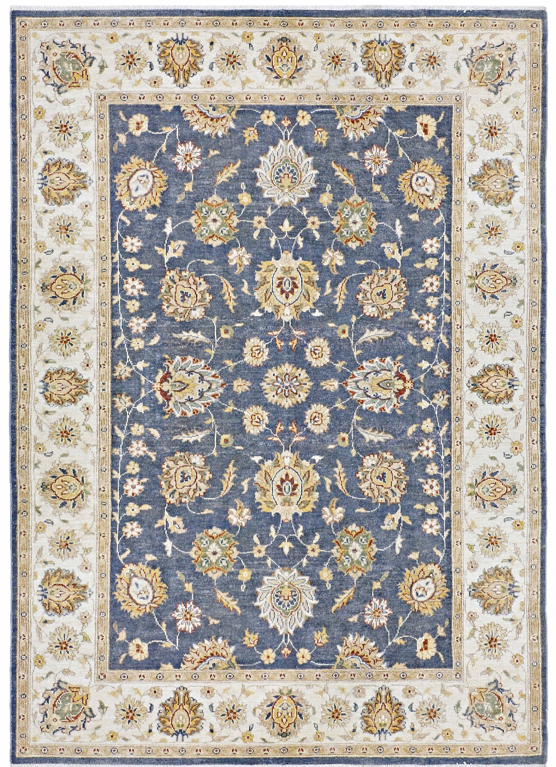 royal blue & ivory premium handwoven pure wool ziegler chobi rug, 5ft 7in x 7ft 9in