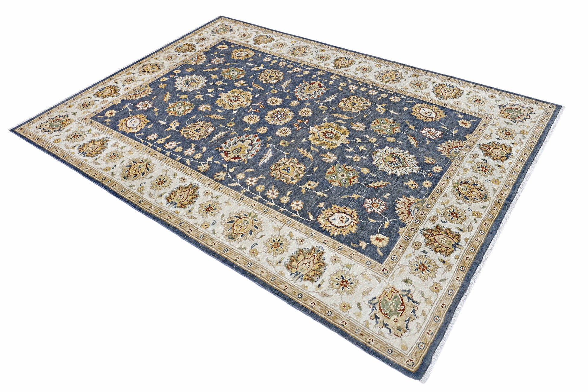 royal blue & ivory premium handwoven pure wool ziegler chobi rug, 5ft 7in x 7ft 9in