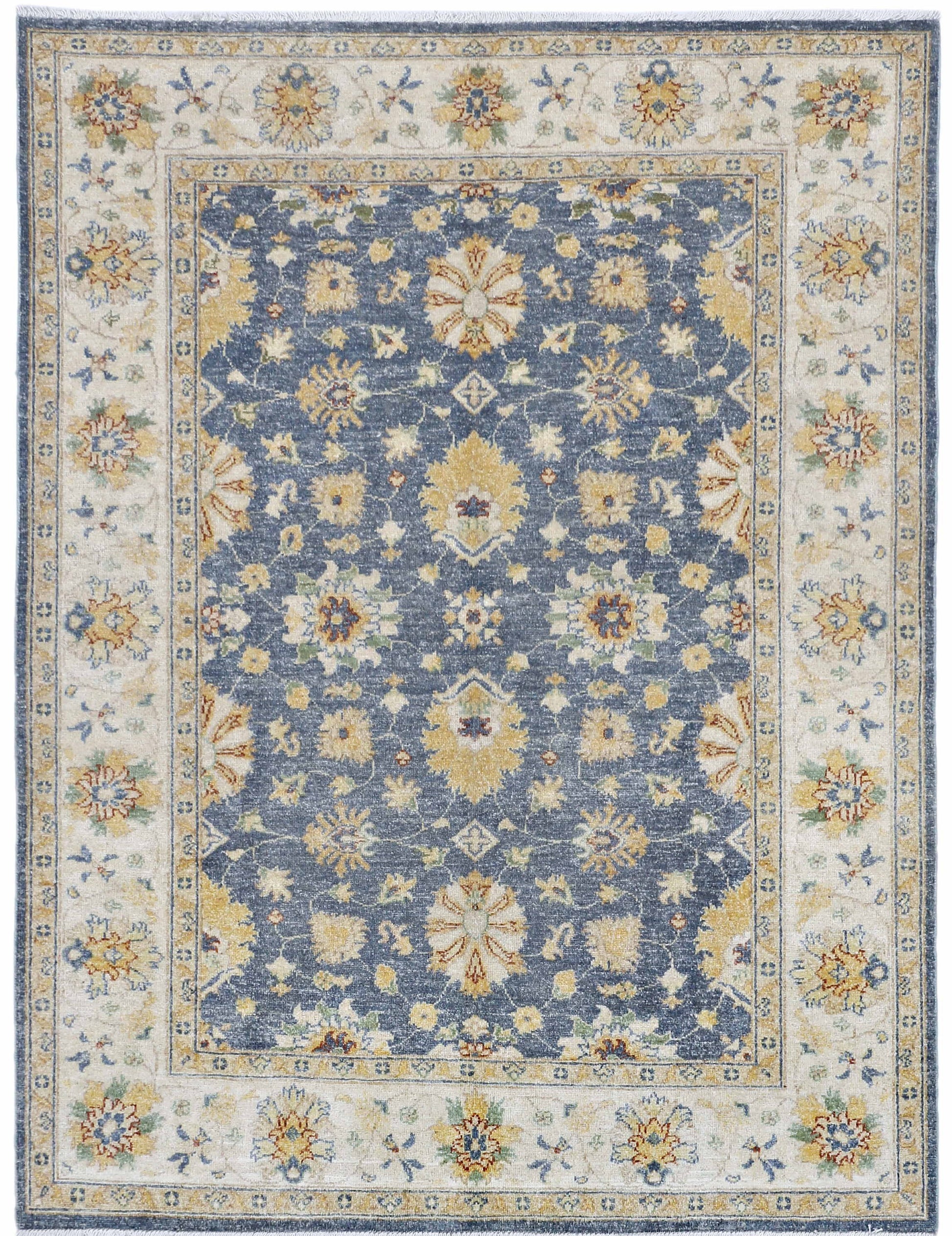 blue & ivory premium handwoven pure wool chobrang rug, 4ft 11in x 6ft 6in