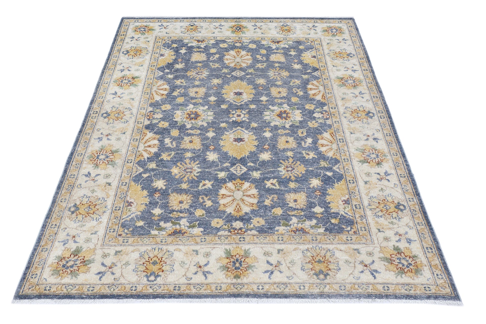 blue & ivory premium handwoven pure wool chobrang rug, 4ft 11in x 6ft 6in
