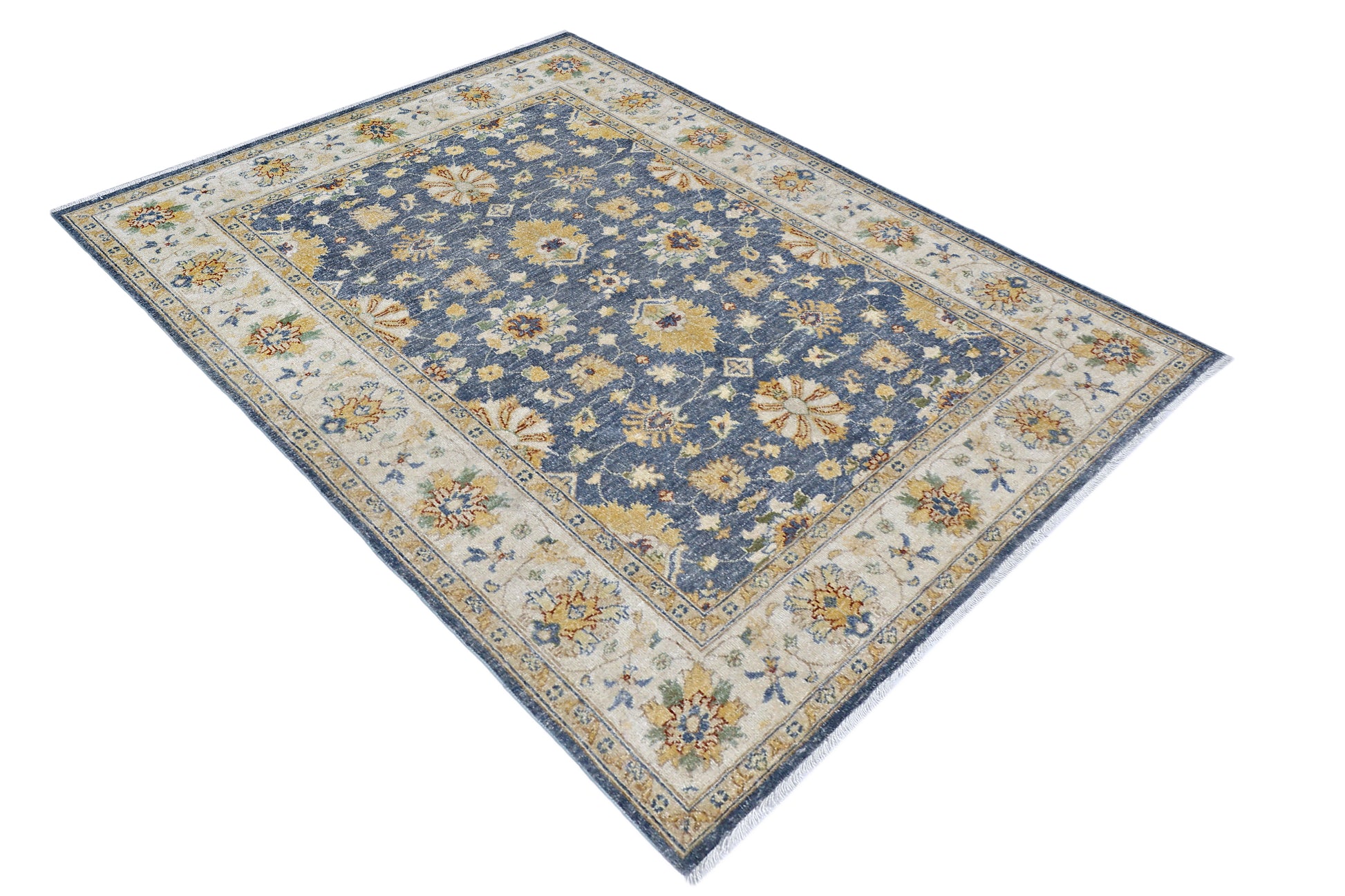 blue & ivory premium handwoven pure wool chobrang rug, 4ft 11in x 6ft 6in