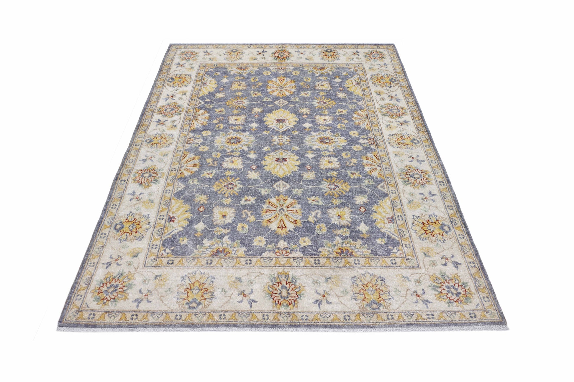 grey & ivory premium handwoven pure wool chobrang rug, 4ft 11in x 6ft 8in
