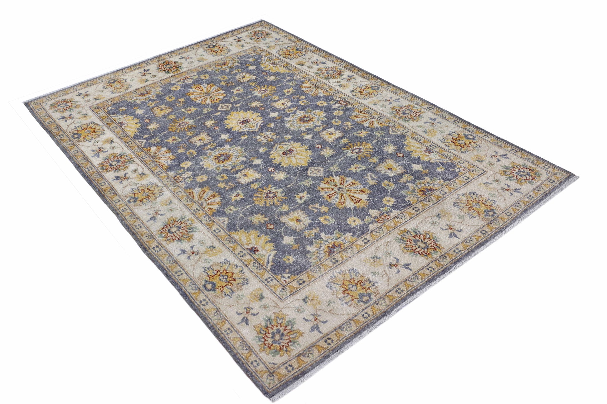 grey & ivory premium handwoven pure wool chobrang rug, 4ft 11in x 6ft 8in