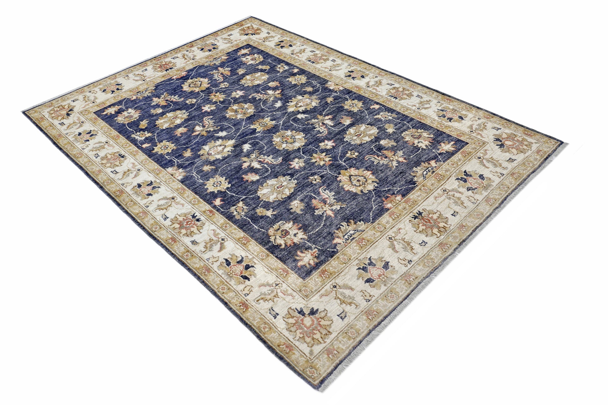 blue & ivory premium handwoven pure wool chobrang rug, 4ft 10in x 6ft 7in