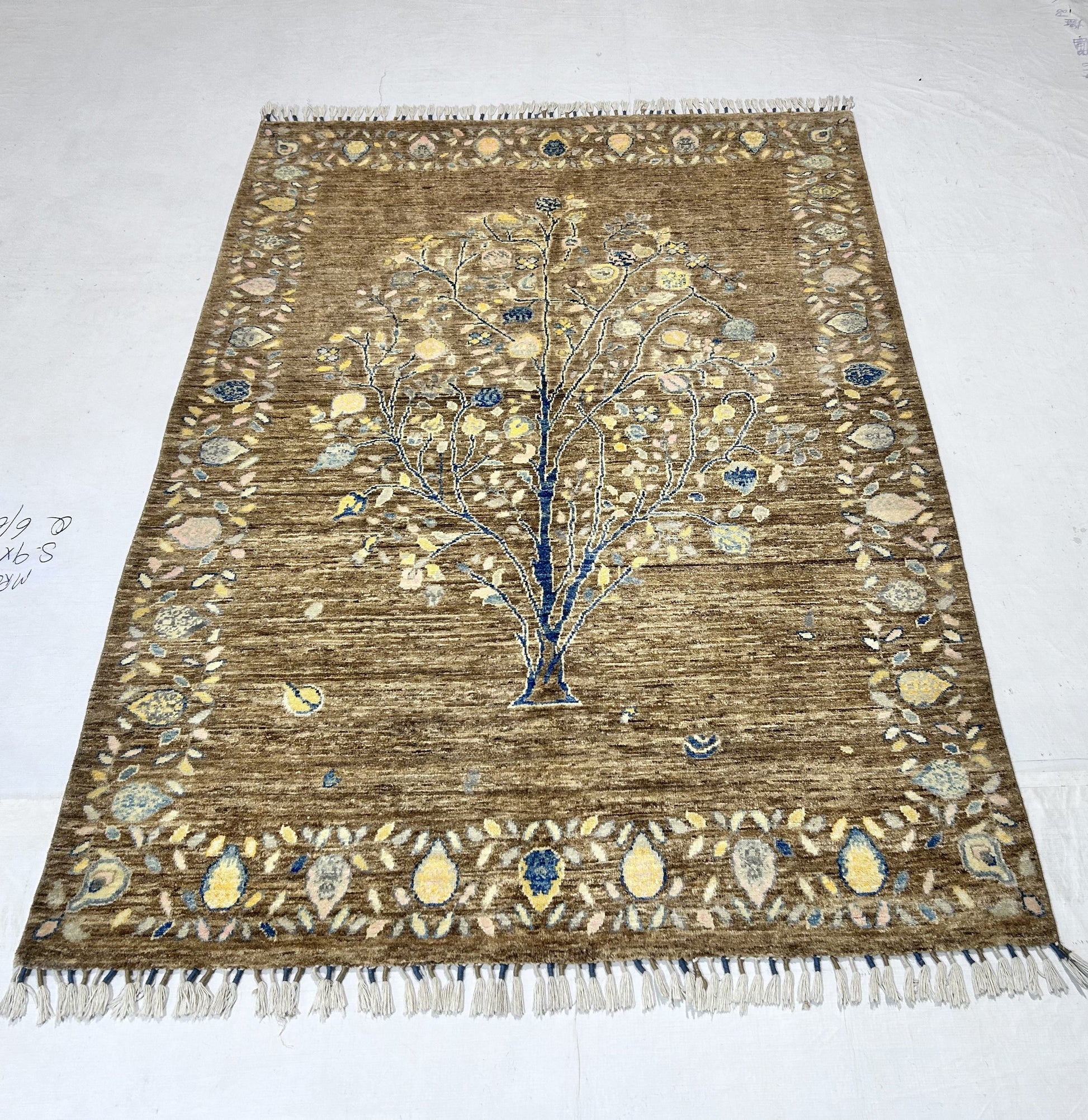 brown & sky blue premium handwoven pure wool gaba rug, 4ft 10in x 6ft 3in