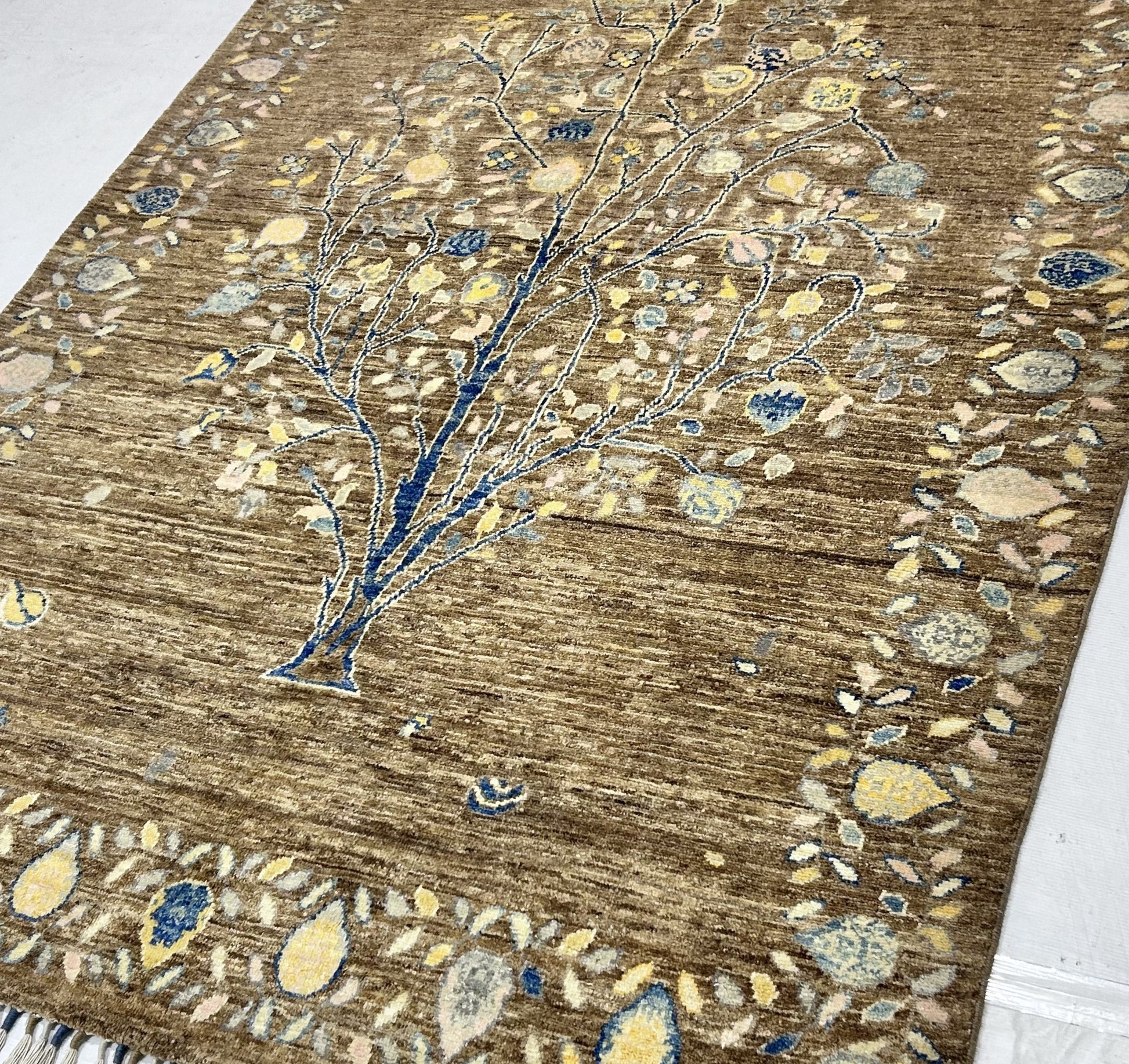 brown & sky blue premium handwoven pure wool gaba rug, 4ft 10in x 6ft 3in