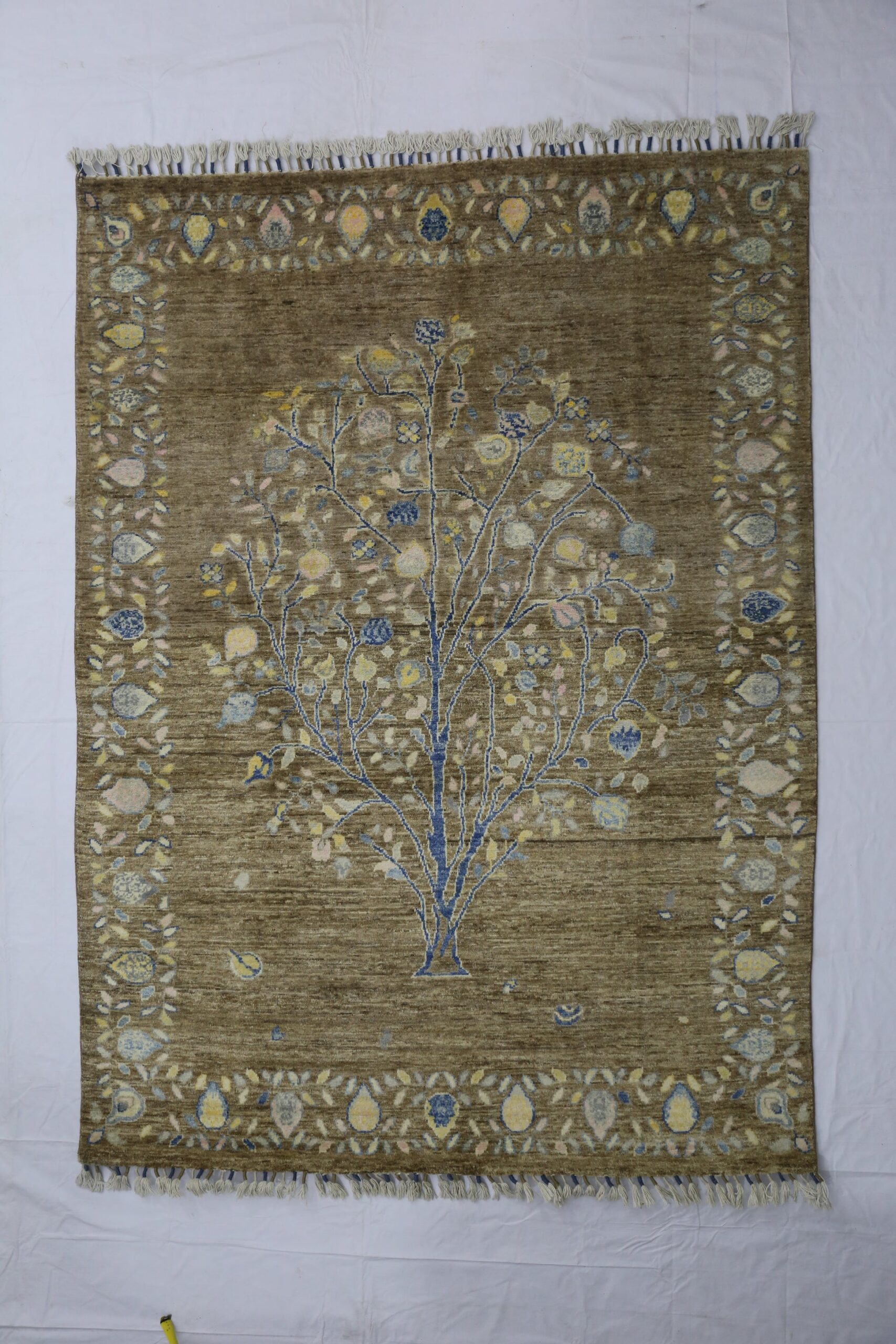 brown & sky blue premium handwoven pure wool gaba rug, 4ft 10in x 6ft 3in