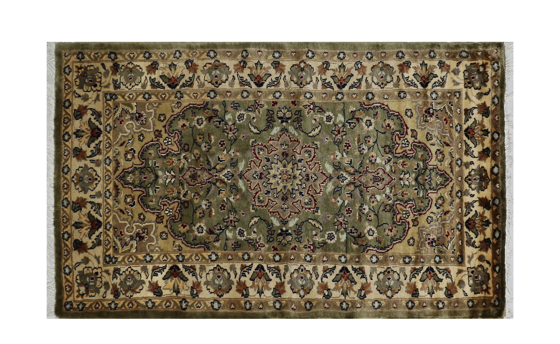 olive green & ivory premium handwoven pure wool bokhara rug, 3ft 2in x 5ft 0in