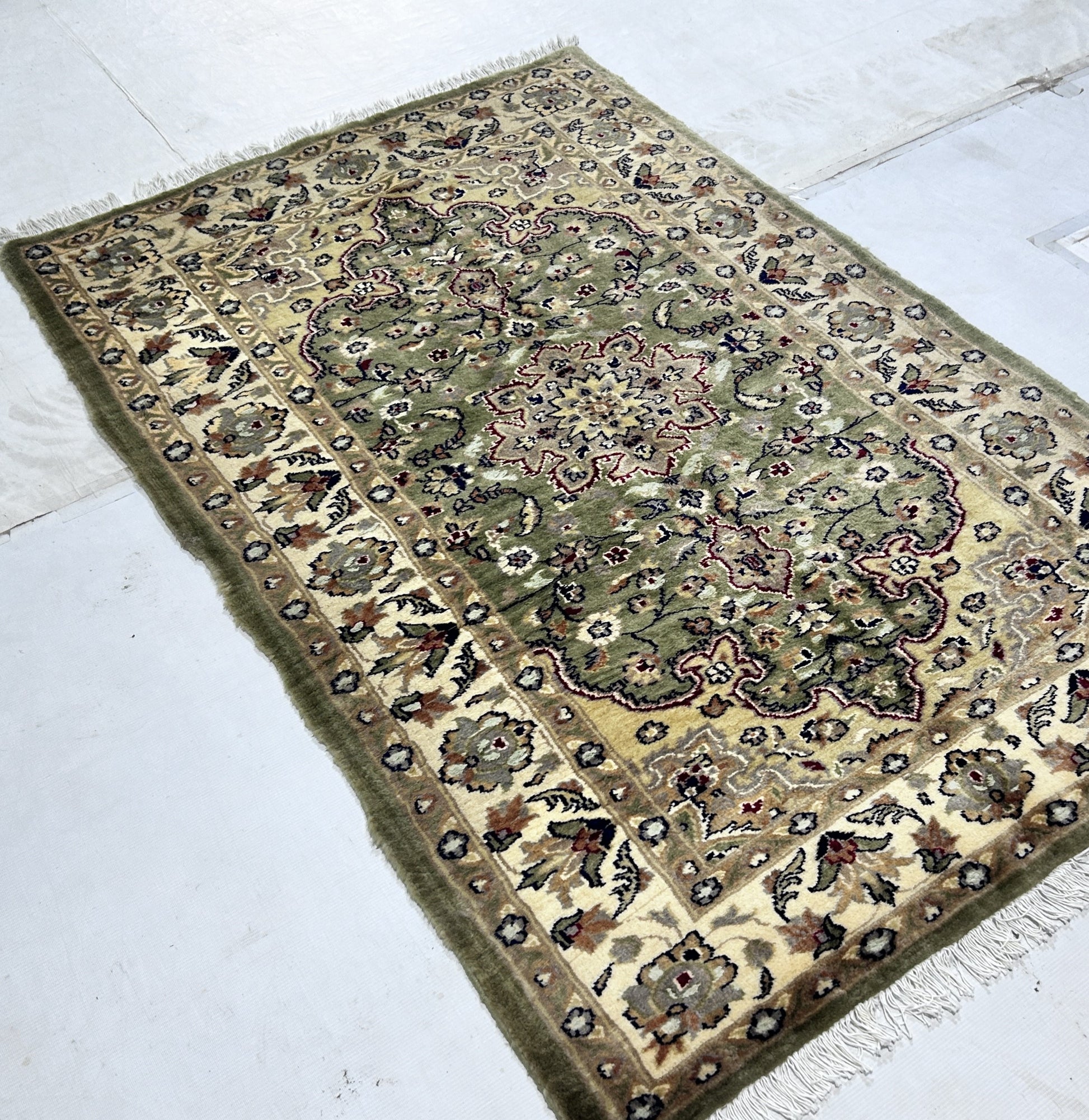olive green & ivory premium handwoven pure wool bokhara rug, 3ft 2in x 5ft 0in