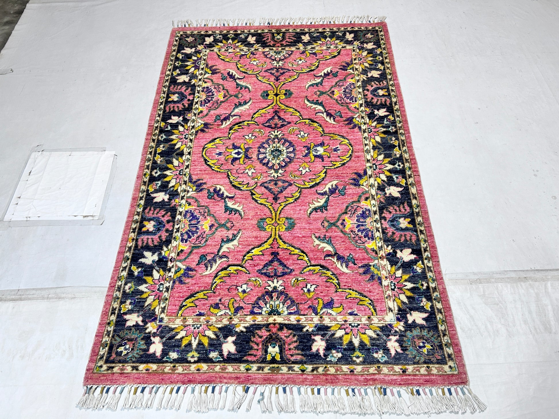 pink & charcoal premium handwoven pure wool persian rug, 4ft 0in x 6ft 3in