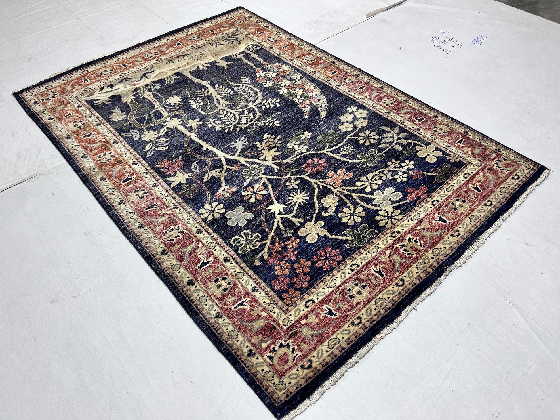 navy blue & rust premium handwoven pure wool chobrang rug, 4ft 7in x 6ft 8in