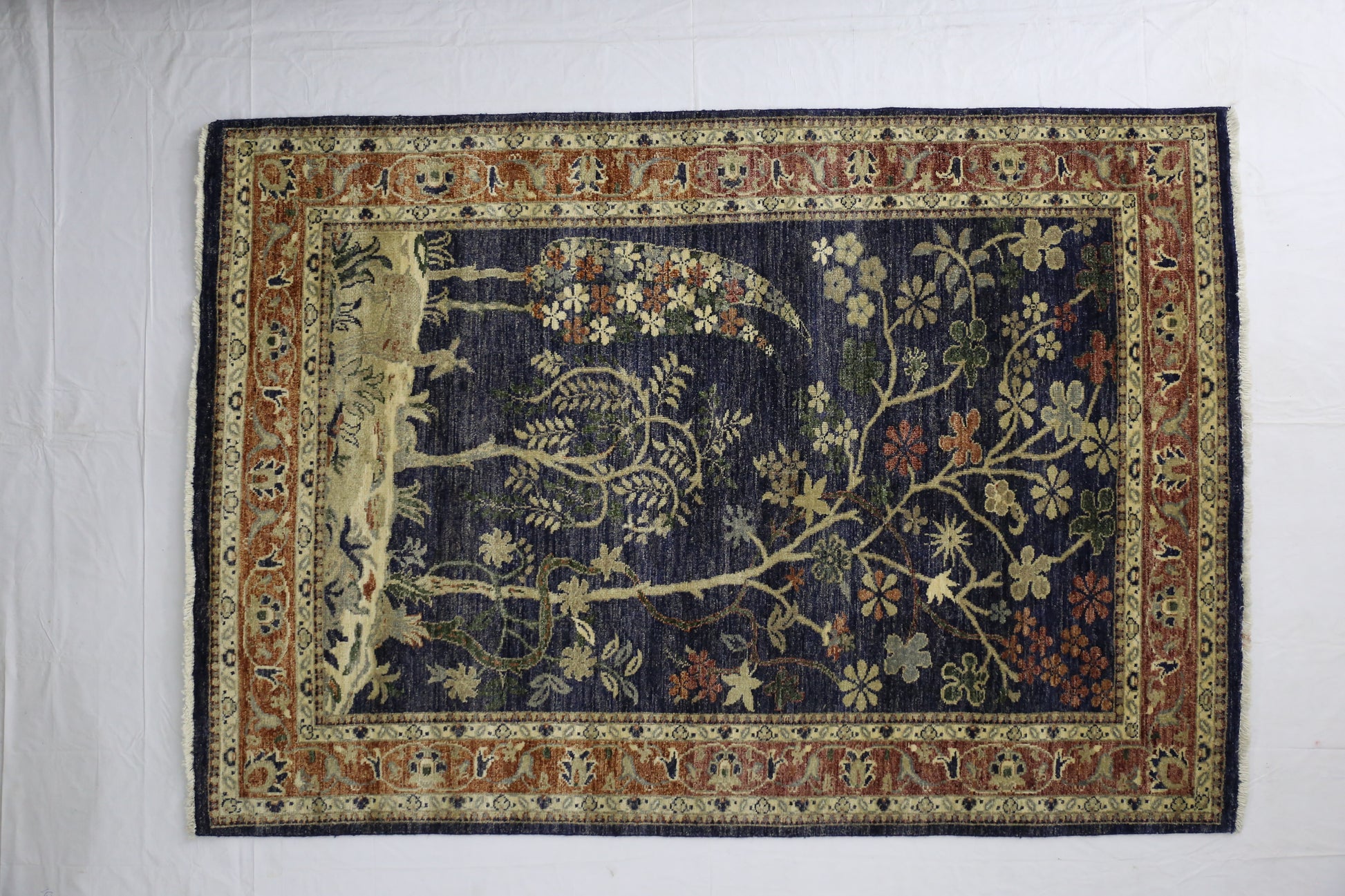 navy blue & rust premium handwoven pure wool chobrang rug, 4ft 7in x 6ft 8in