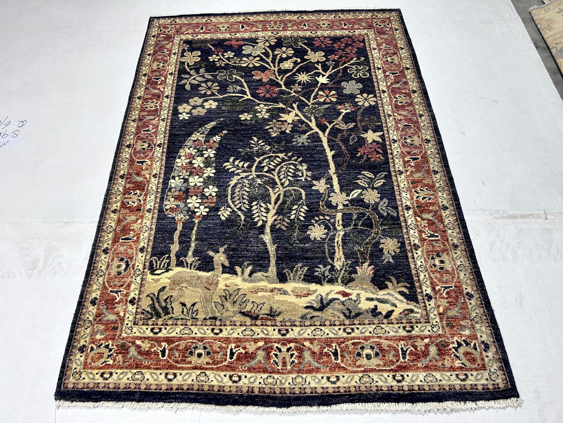 navy blue & rust premium handwoven pure wool chobrang rug, 4ft 7in x 6ft 8in
