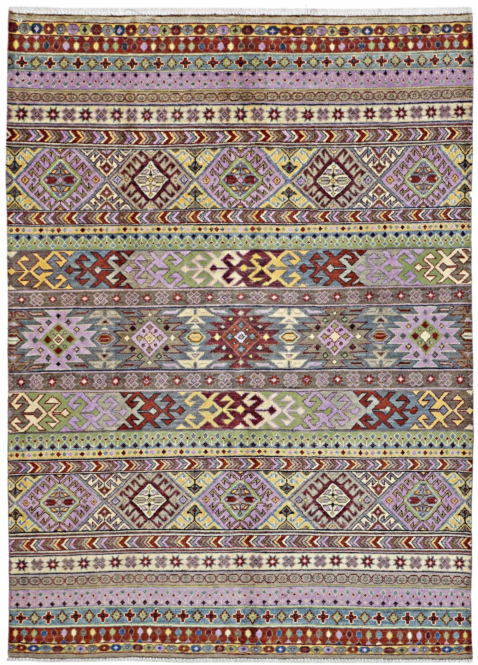 lilac & multi toned premium handwoven pure wool + silk khorjean rug, 5ft 7in x 7ft 11in