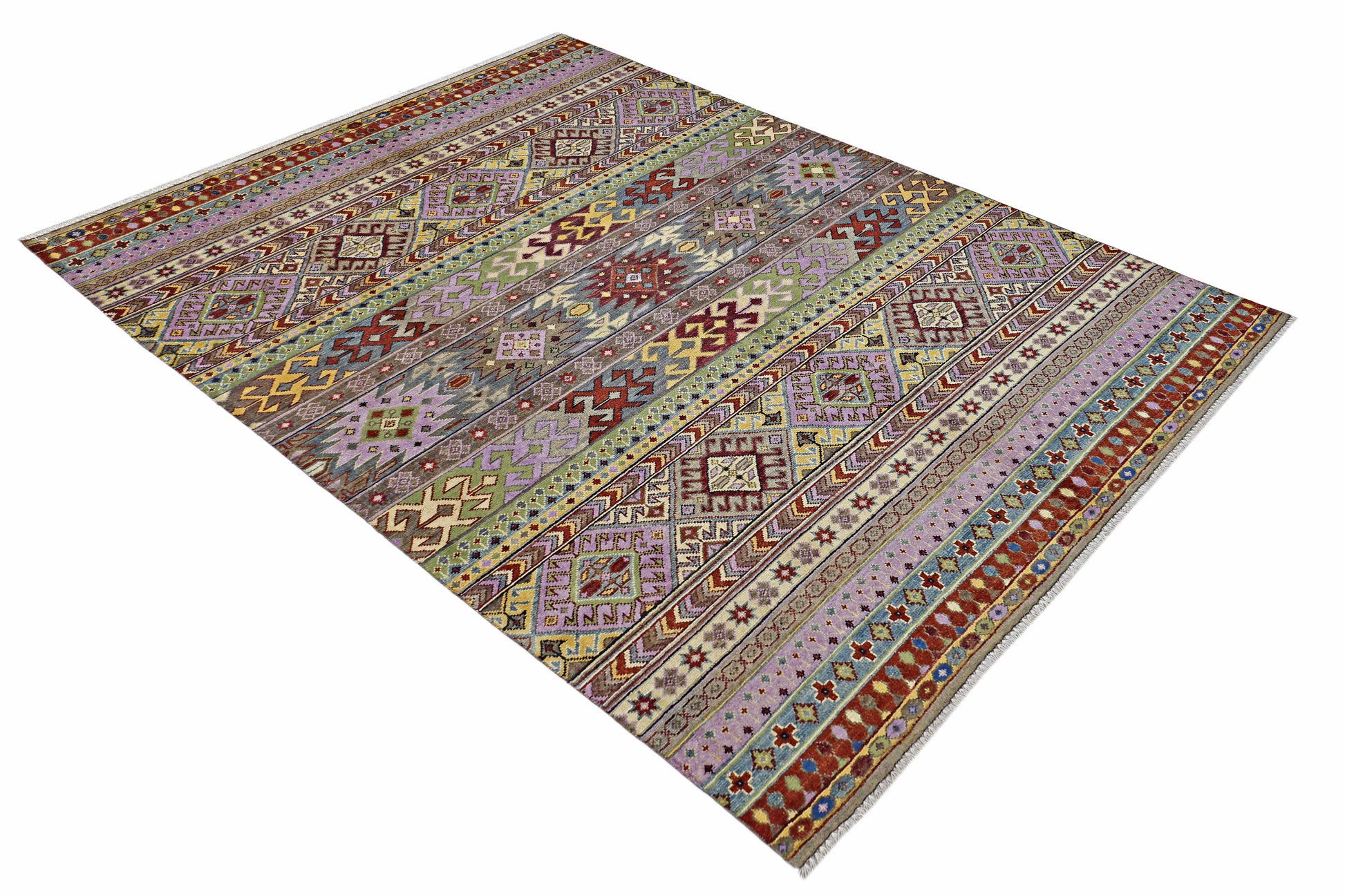 lilac & multi toned premium handwoven pure wool + silk khorjean rug, 5ft 7in x 7ft 11in