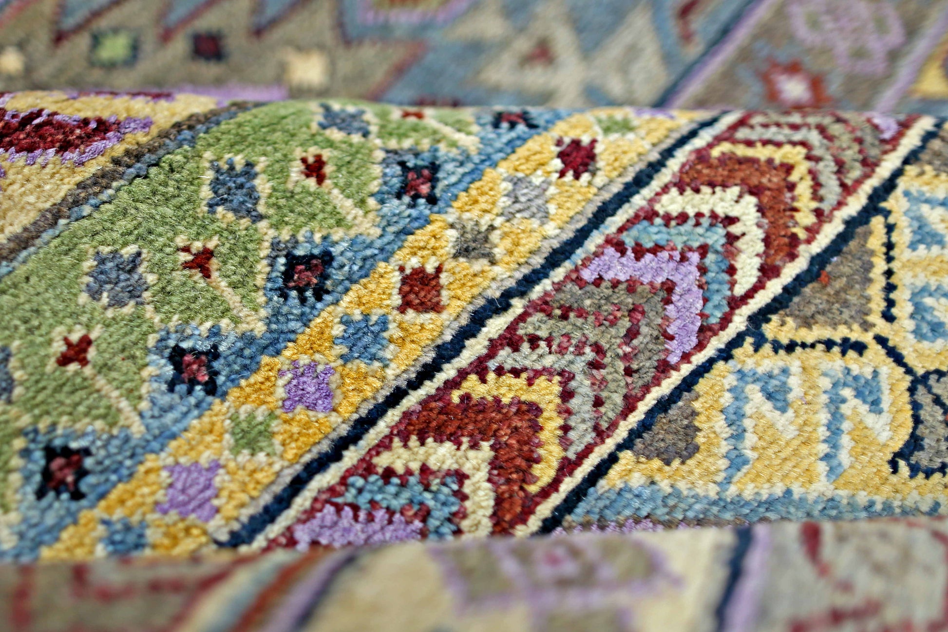 lilac & multi toned premium handwoven pure wool + silk khorjean rug, 5ft 7in x 7ft 11in