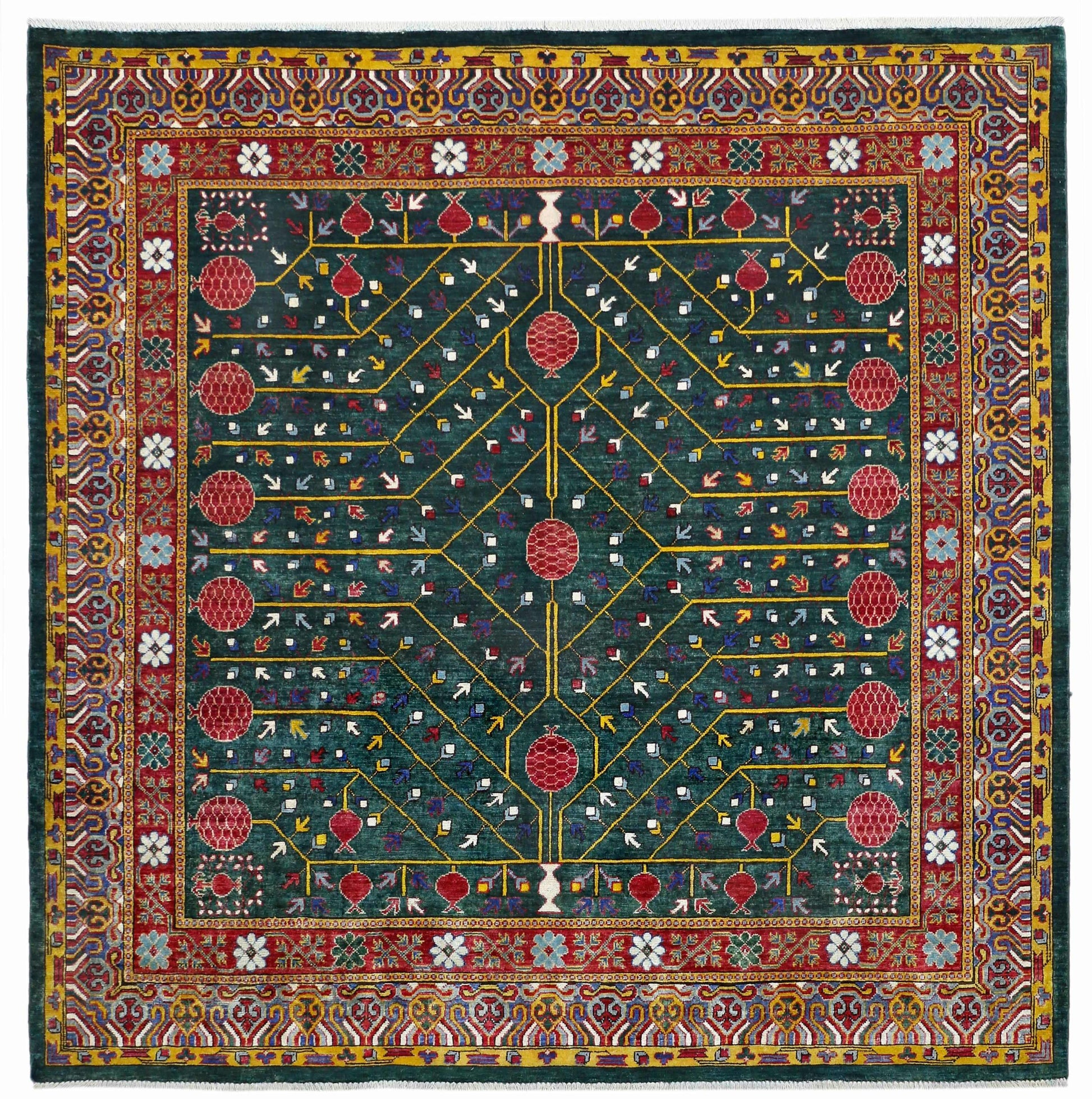 emerald green & red premium handwoven pure wool kotan rug, 6ft 6in x 6ft 6in