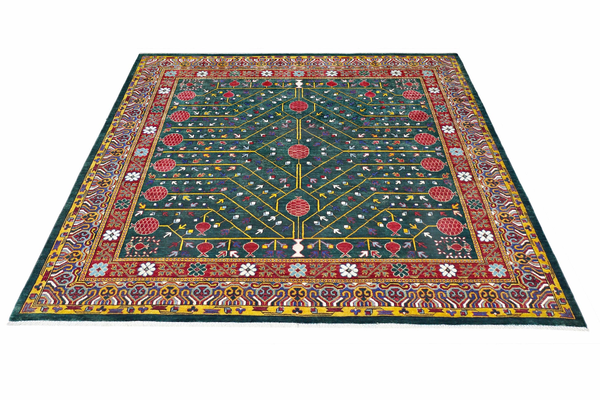 emerald green & red premium handwoven pure wool kotan rug, 6ft 6in x 6ft 6in