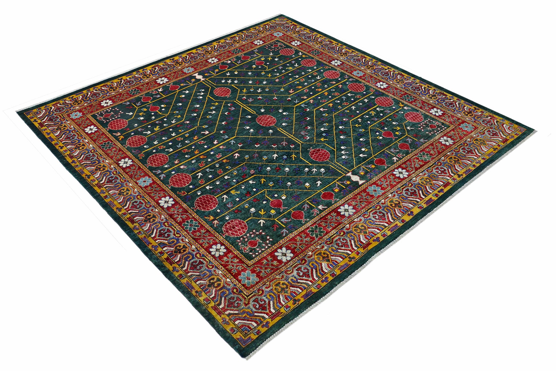 emerald green & red premium handwoven pure wool kotan rug, 6ft 6in x 6ft 6in