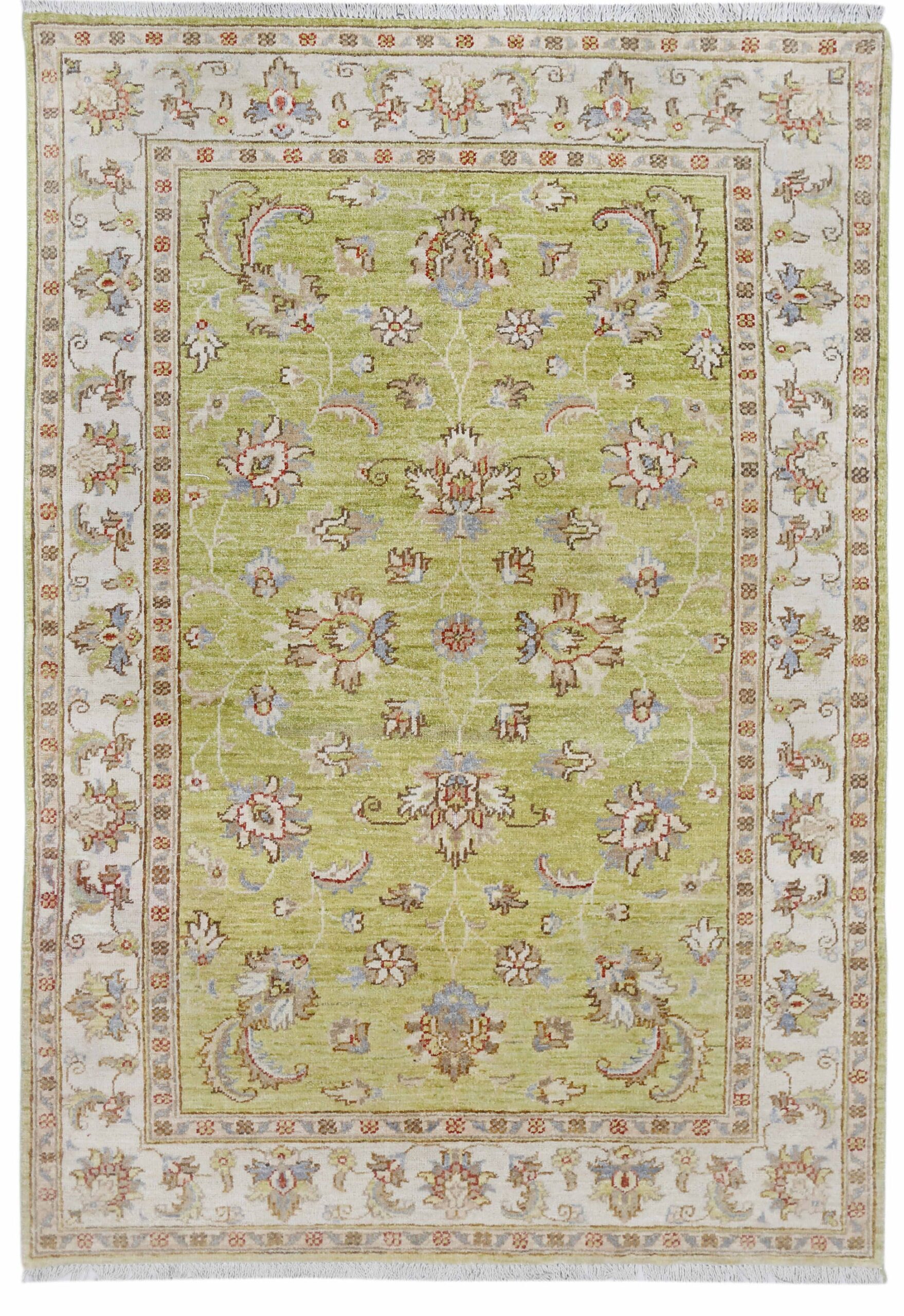 green & ivory premium handwoven pure wool chobrang rug, 3ft 10in x 6ft 0in
